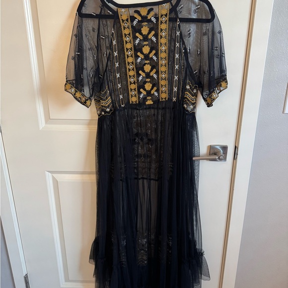 Free People Sabrina sheer Black and Gold Embroidered Midi Dress - Picture 2 of 8